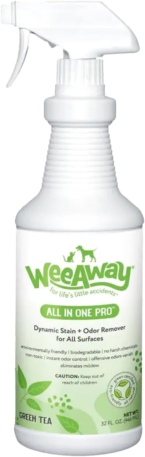 Wee Away Pet Stain and Odor Remover Spray, Biodegradable Enzyme Cleaner for Dog and Cat Urine, Poop, Diarrhea, & Vomit, For Carpets, Upholstery, Cages, Litter Boxes (32 oz) (Green Tea)