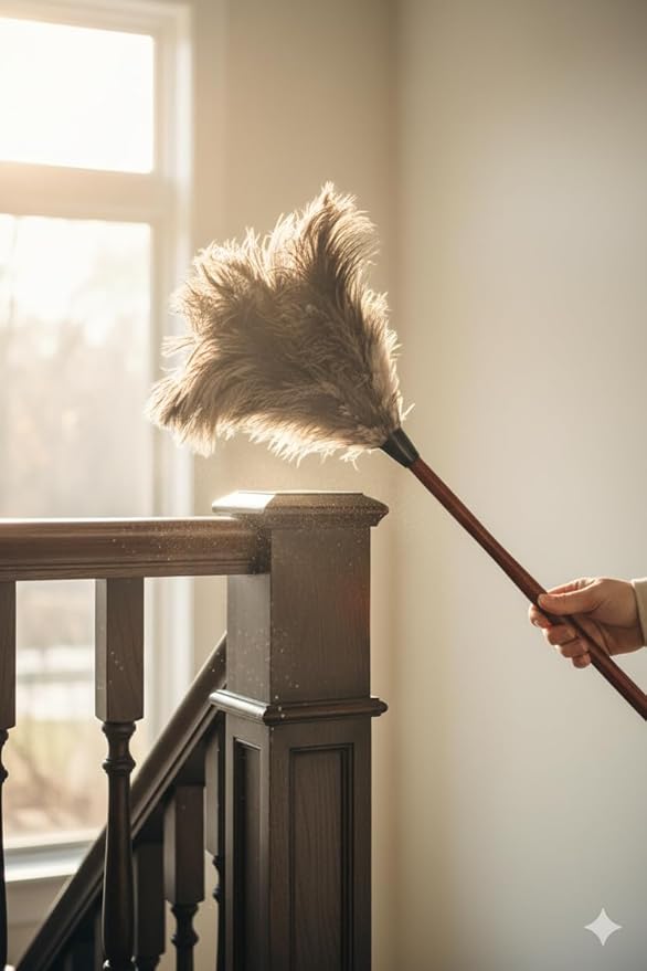 28-29" Natural Ostrich Feather Duster with Long Wooden Handle - Eco-Friendly & Reusable for Cleaning and Dusting