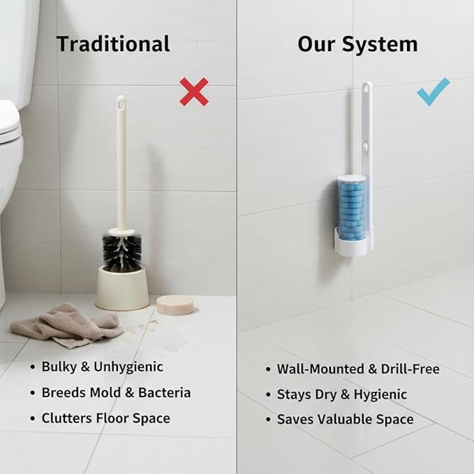 Disposable Toilet Brush for Bathroom Cleaning, Toilet Brush and Holder Set, Deep Cleaning Toilet Bowl Cleaner with Replaceable Heads, Hygienic Storage Design (White -Full Set with 24 Refills)