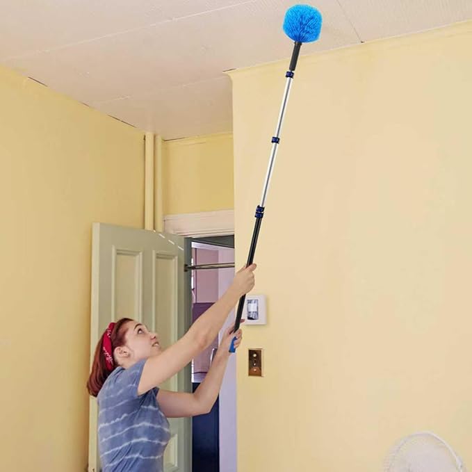 23FT High Reach Window Squeegee & Cobweb Duster with Extension Pole, 2 in 1 Squeegee for Window Cleaning with Lightweight 4-16.5 ft Telescoping Pole, Spider Web Brush with Pole for Outdoor Indoor Car