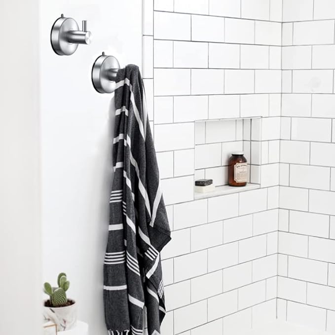 DGYB Suction Cup Hooks for Shower Set of 4 Brushed Nickel Towel Hooks for Bathrooms SUS 304 Stainless Steel Shower Hooks for Loofah 15 Lb Bathroom Hooks for Towels