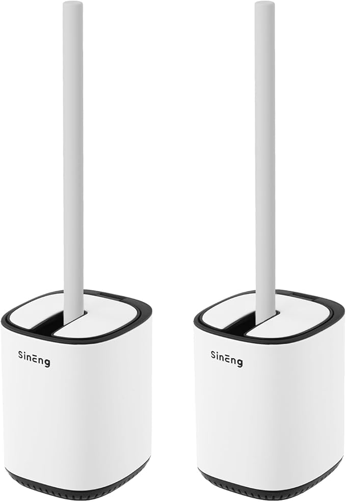 Toilet Brush and Holder Set Toilet Bowl Brush Stainless Steel Automatic Open lid Toilet Bowl Cleaner Brush with Durable Bristle Head Toilet Cleaning Brush for Bathroom (White, 2 Pack)