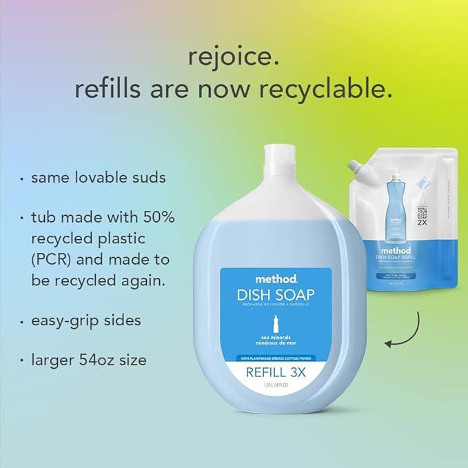 Method Gel Dish Soap Refill, Lime + Sea Salt Scent, Powerful Cleaning Formula, Large Refill Tub, Biodegradable Formula, Cuts Through Grease, 54 Fl Oz (Pack of 4)