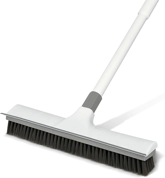 Floor Scrub Brush with 60-Inch Handle Length Adjustable, 2-in-1 Push Broom with Squeegee, Floor Scrubber Broom Stiff Bristles for Cleaning Bathroom, Kitchen, Tile, Deck, Patio, Garage
