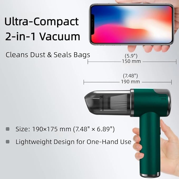 Portable Car Vacuum Cleaner, 2-in-1 Handheld Vacuum & Sealer, 10,000Pa Strong Suction Cordless Mini Vacuum for Car/Home/Keyboard/Pet Hair, Compact Rechargeable with Washable HEPA Filter (Green)