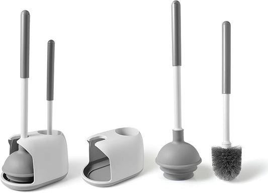Eyliden 2 Pack Toilet Plunger & Brush Set, Upgrade 3-Step Suction Cup - Ultra-Tight Seal, Durable, Space-Saving Toilet Deep Cleaning Combo with Holder, Bathroom Essentials (2 Pack, White & Grey)