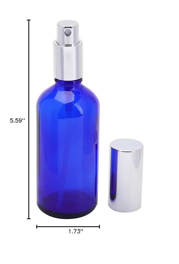 Foraineam 9 Pack 100ml / 3.4 oz. Blue Glass Spray Bottles with Atomizer Refillable Fine Mist Spray Bottle Containers for Perfume, Essential Oils, Cleaning Products