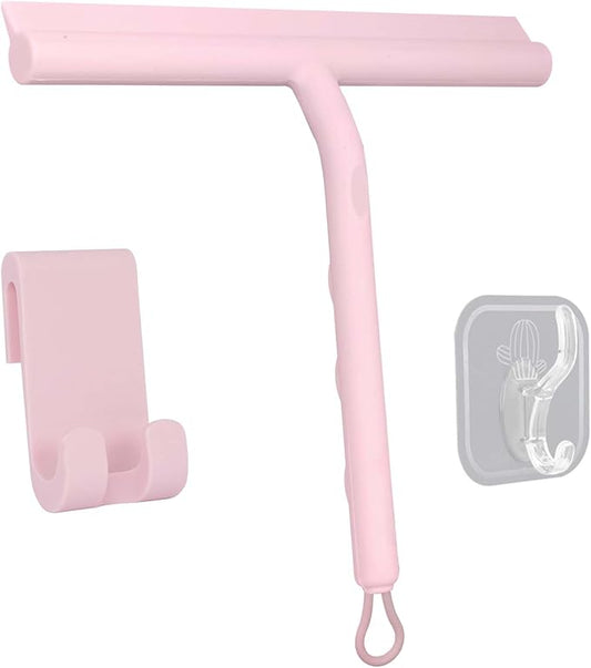DEOFUXT Squeegee for Shower Glass Doors, Resilient Loop - No-Drill & Adhesive Hook, Silicone Shower Squeegee with Stainless Steel Core, Cleaning Tool for Home, Kitchen, Bathroom & Car - Pink
