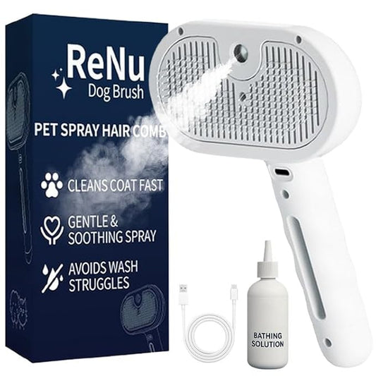 Fresh Fur Shower Brush, 3 In 1 Self Cleaning Pet Spray Hair Removal Comb, Pet Steamy Shower Brush + Bathing Solution, Removes Loose Hair & Reduces Shedding, for Long & Short Haired Pets (White)