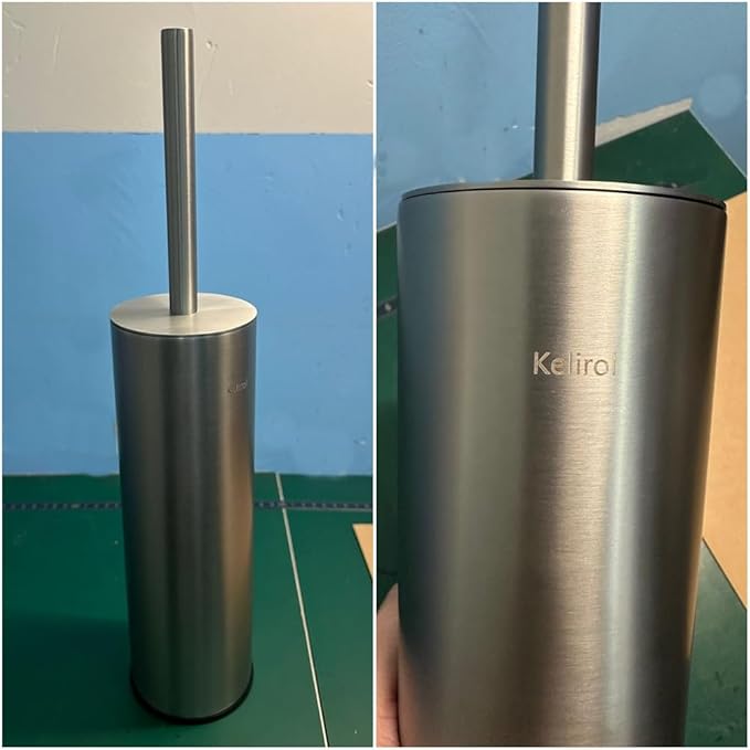 Kelirol Toilet Brush and Holder Set Brushed Nickel Stainless Steel, 304 Heavy Duty Round Toilet Brush Set – Rust Resistant, Long Handle, Replacement Heads, Floor Standing Bathroom Toilet Cleaning