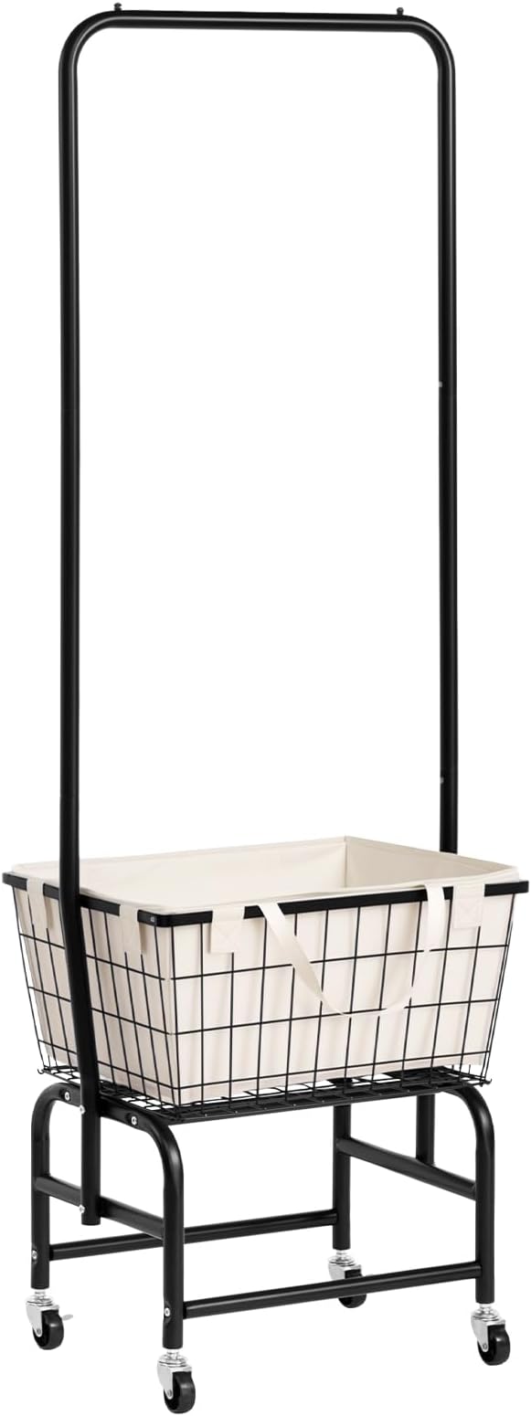ALIMORDEN Laundry Cart with Clothes Rack, Rolling Laundry Cart with Wheels and Detachable Bags, Black