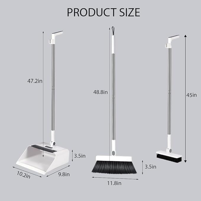 PAYWROK Upgrade Broom with Dustpan Combo Set，Long Handle Self-Cleaning Dust Pan and Brush Set 4-Row Dense Bristles，Indoor Broom Set (White)