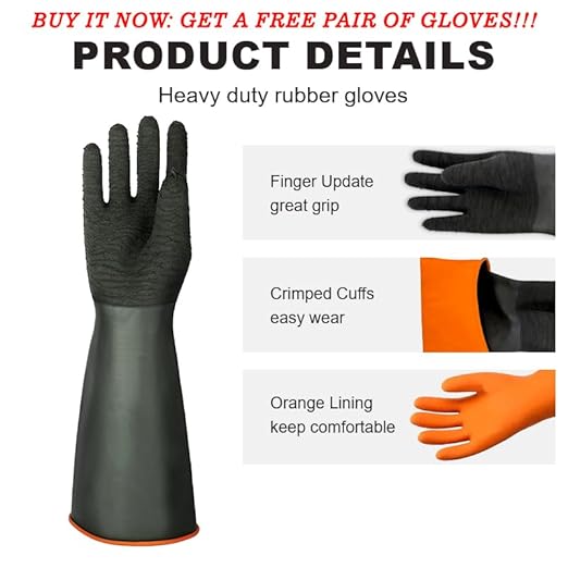 North Tower Heavy Duty Rubber Gloves, Industrial Gloves Waterproof Reusable Protective Work for Cleaning, Dishwashing, Upgraded with Non-Slip Design, Black(22in,1pair)