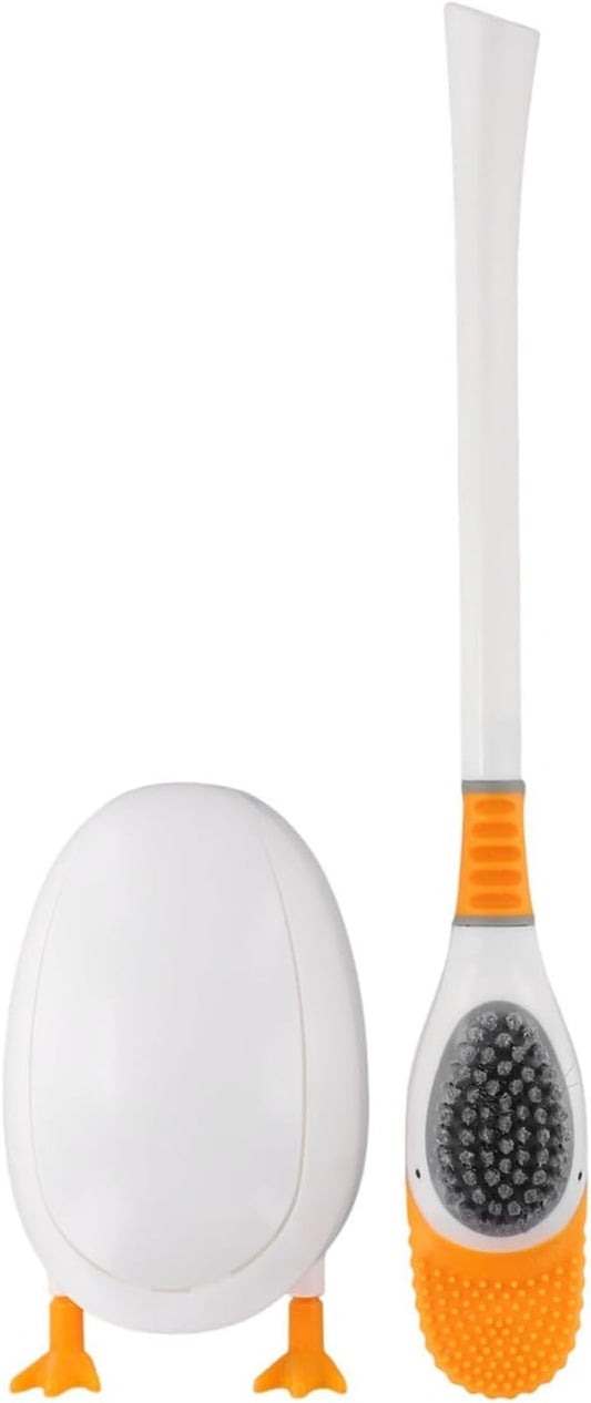 Duck Silicone Toilet Brush and Holder Set with 360° Curved Head for Deep Cleaning, Easy Storage, White/Yellow(White)