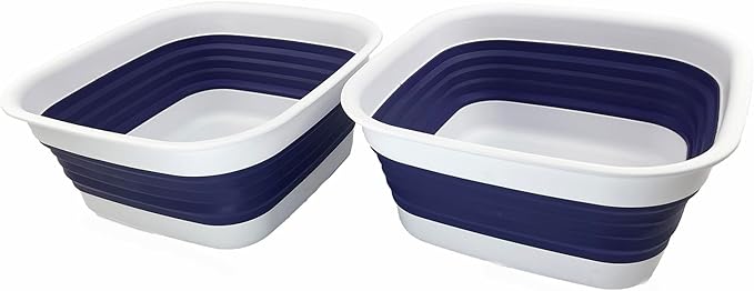 SAMMART 8L (2.1 Gallon) Collapsible Tub - Foldable Dish Tub - Portable Washing Basin - Space Saving Plastic Washtub (White/Navy Blue (Set of 2))