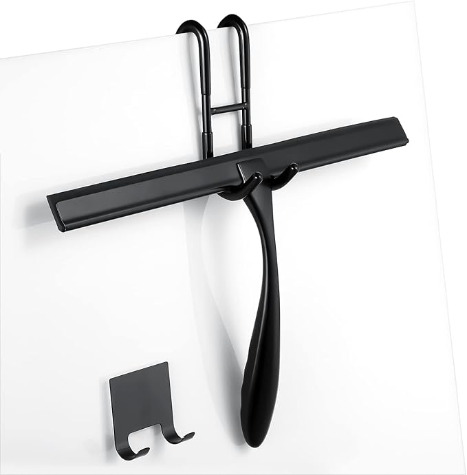steauty Shower Squeegee for Glass Doors,10-Inch Shower Glass Squeegee, Matte Black Shower Squeegee for Shower Doors,Mirror,Windows, with Shower Door Hook and Adhesive Hook