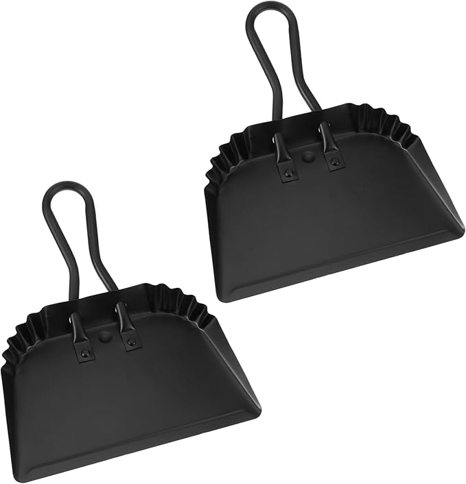 2 Pack Black Metal Dustpan, 12 Inch Heavy Duty Steel Dust Pan with Handle Handheld Dustpan Wide Scooper for Indoor, Outdoor, Fireplace, Industrial and Commercial Use