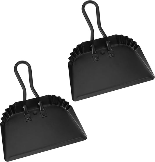 2 Pack Black Metal Dustpan, 12 Inch Heavy Duty Steel Dust Pan with Handle Handheld Dustpan Wide Scooper for Indoor, Outdoor, Fireplace, Industrial and Commercial Use