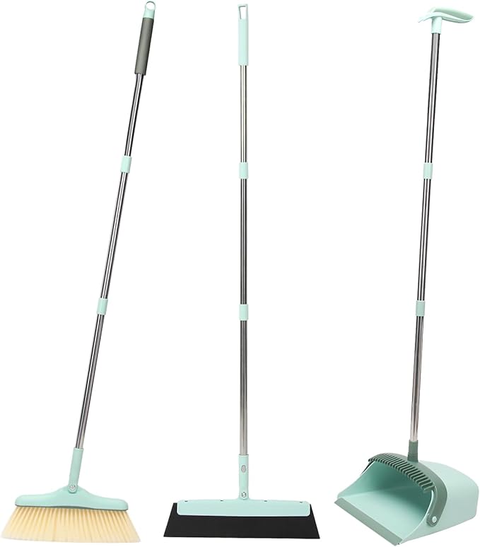 Sayene Broom and Dustpan Set,Squeegee Broom,Long Handle Broom and Dustpan Set,Broom with Stand Up Dustpan Combo Set,Squeegee - Kit for Indoor Cleaning 2+1 for Home, Office, Lobby(Green)