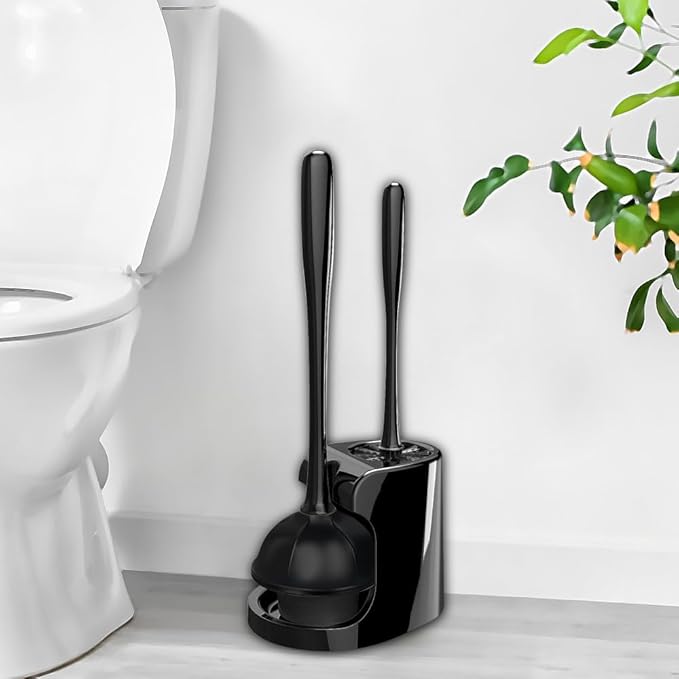 2 in 1 Toilet Brush and Plunger Set - Toilet Brush with Solid Handle, Stand and Holder for Deeply Cleaning in Bathrooms - Plastic Toilet Brush and Holder Set in Black
