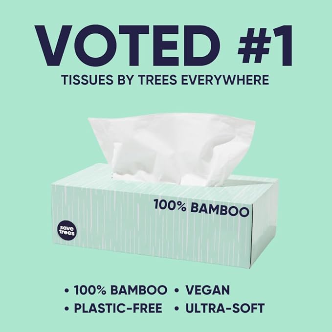 Save Trees Bamboo Facial Tissues -24 Boxes- Bamboo Tissue Boxes, 90 Hypoallergenic Facial Tissues per Box - Unscented, Fragrance-Free, Eco-Friendly Tissues in Plastic-Free Packaging