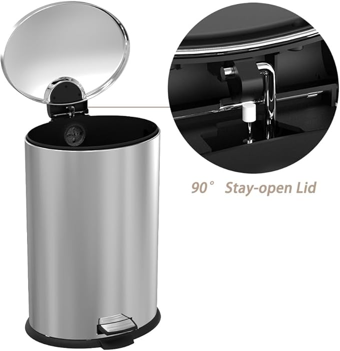 Trash Can with Lid - Assembled in USA 40 Liter/10.5 Gallon Stainless Steel Trash Can with Odor Protection Kitchen Garbage cans with Soft-Close Foot Pedal for Bathroom Home Office, Silver
