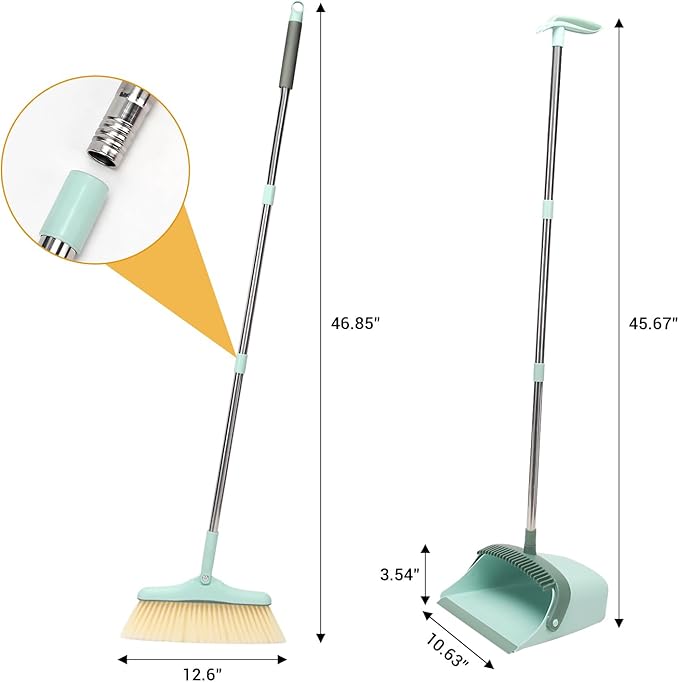 Sayene Broom and Dustpan Set,Long Handle Broom and Dustpan Set,Broom with Stand Up Dustpan Combo Set,for Home, Office, Lobby(Green)