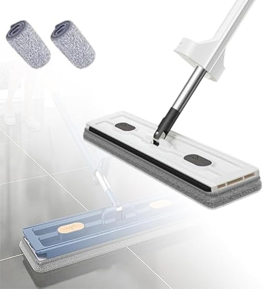 Large Flat Mop, Saker Plus Self Wringing Mop 360° Rotating Flat Mops with Washable Microfiber Pads, Independent Drainage Scraper Floor Cleaning System (White, 2 Microfiber Pads)