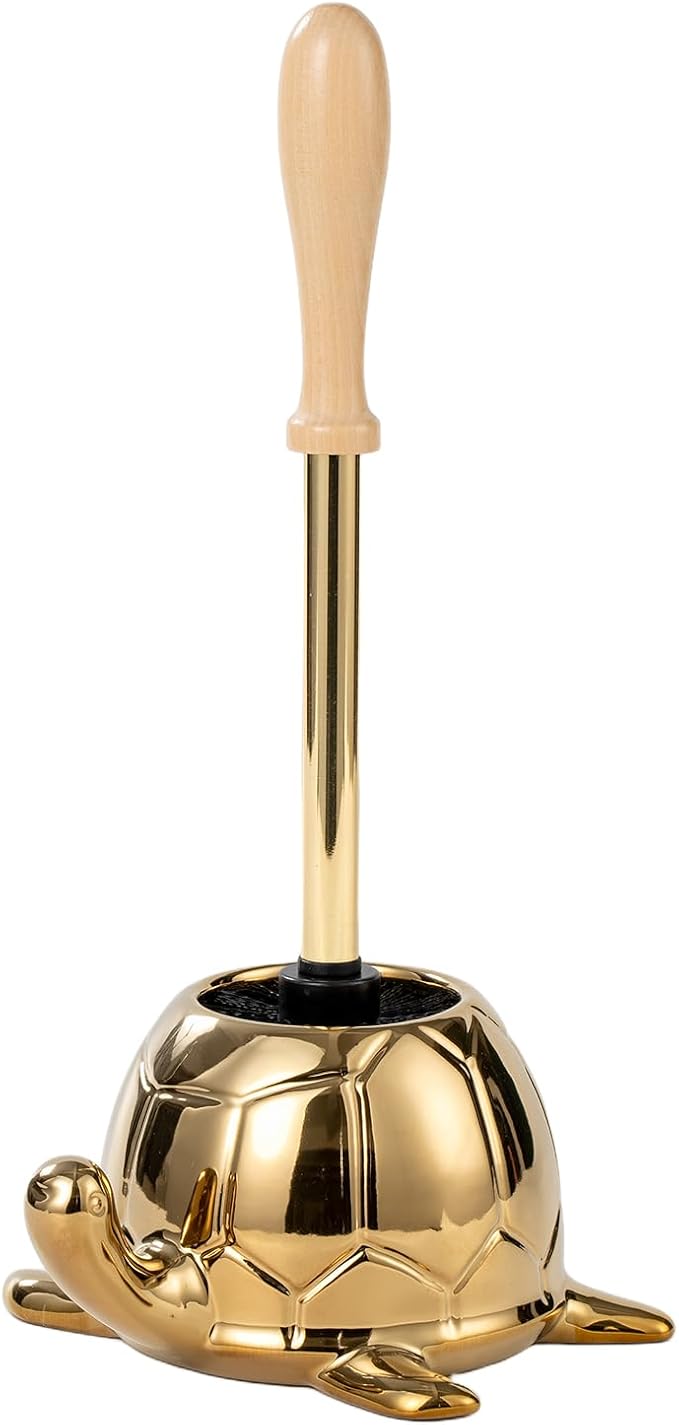 Turtle Base Toilet Brush Set - Gold Ceramic Toilet Scrubber Brush 7.5” Bowl Cleaner with Ergonomic Handle, Mini Cute Bathroom Cleaning Brush - Bathroom Decor