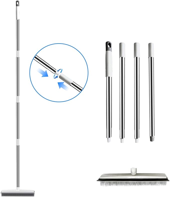 Rubber Broom with Built in Squeegee, Carpet Rake for Pet Hair Removal, Fur Remover Broom with 51" Adjustable Long Handle, Soft Push Broom for Carpet, Hardwood Floor, Tile