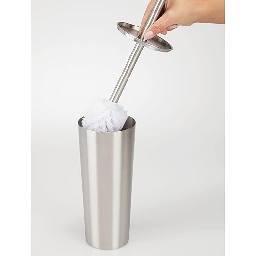 mDesign Metal Freestanding Slim Toilet Bowl Brush and Holder + Rectangle Narrow 5 Liter / 1.3 Gallon Step Pedal Trash Can Wastebasket for Bathroom - Small, Compact Design - Set of 2 - Brushed/Chrome