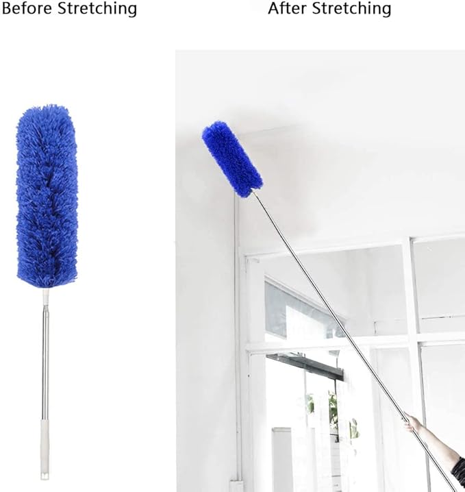 Ceiling Fan Feather Duster with Extension Pole, Cobweb & Corner Brush for Cleaning, Long Handle Aluminum Telescoping Pole, Washable, Blue, 250cm