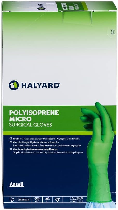 HALYARD Micro Surgical Gloves Sterile Polyisoprene Individually Wrapped Pairs Powder Free Medical Disposable Gloves, 7.9 mil, Size 6.0 Small, Green, SGL90060 (Box of 50 Pairs - 100 Total)