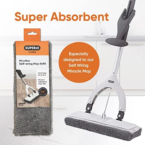 Superio Microfiber Mopping Head Replacement for Self-Wring Miracle Mop, Microfiber Cleaning Pad, Refill, Self Wringing Mop