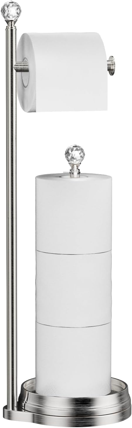 KASUNTO Toilet Paper Holder for Bathroom, Heavy Weighted Metal Free Standing Toilet Paper Holder Stand with Crystal Ball, Toilet Paper Roll Stand for Bathroom Accessories