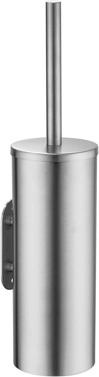 Brushed Stainless Steel Toilet Brush and Cover, No-Punch Hook Base Dual Purpose Toilet Brush Holder with Removable Inner Bucket and Splash Cover - Soft Bristles (Brushed)