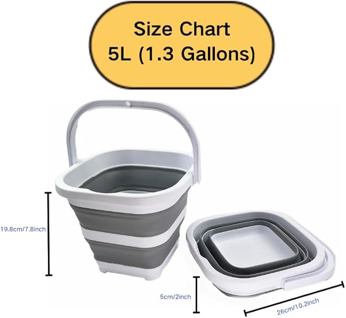 SAMMART Collapsible Rectangular Cleaning Bucket 5L (1.3 Gallon)- Foldable Camping Beach Sand Water Pot Pail- Portable Space Saving Tub for Household, Outdoor Car Washing (White/Grey (Set of 2))