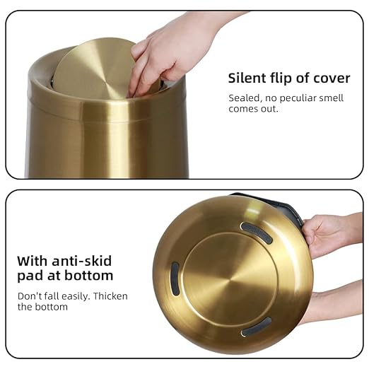 8L/2.1GALbrass Garbage can with Swing lid，Brushed Nickel Gold Trash can,Matte Gold Trash can for Bathroom,Powder Room,Bedroom,Laundry Room (GOLD-32-8l)
