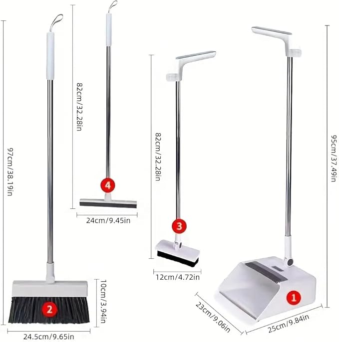 4-in-1 Broom and Dustpan Set with Floor Brush, White Stainless Steel Long Handle, Upright Standing Design for Home Office Kitchen, Squeegee Cleaning Tools Combo
