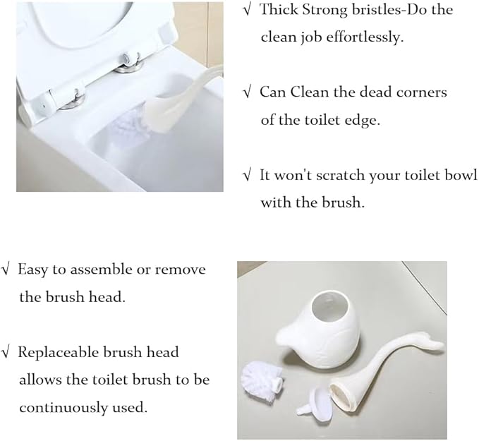 AORTULL Swan Toilet Brush and Ceramic Holder Set,Cute Bathroom Decor, Non-Scratch Bristles, Space-Saving White Household Cleaning Tool for Bathtub