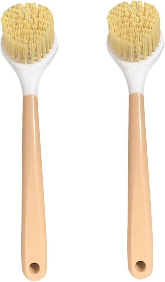 Lawnrden Bamboo Dish Brush, Dish Brush with Handle 2Pcs Scrub, Bamboo with Built-in Scraper Washing for Nonstick Frying Pan, Woks, Kitchen Sinks