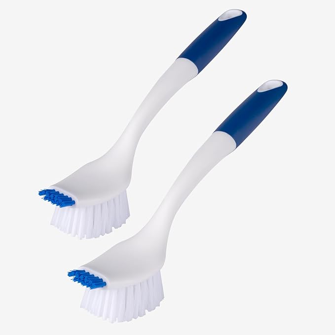 Heavy Duty 2 Pack Dish Scrub Brush with Handle BITOPE Kitchen Cleaning Scrubber with Stiff Bristle Scraper for Washing Sink Dishes Bottle Cup Pot Pan Cookware
