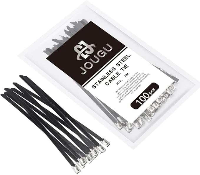 Metal Zip Ties Black 20 inch 304 Stainless Steel Epoxy Coated Locking Cable 220LB 500mm 100pcs Heavy Duty Exhaust Wrap Multi Purpose Binding for machinery, vehicles, farms, cables, pipes,Fence