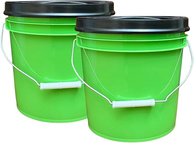 House Naturals 2 Gallon Food Grade - BPA Free Made in USA Buckets Lime Color pails with Screw On Gasket Lids (2, Lime - Black lids)