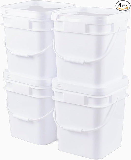White Food Grade Bucket with Airtight Lids, Plastic Painting Can Square Oil Tub, 3 Gallon Plastic Bucket, All Purpose Pail with Handle (4 Pack)