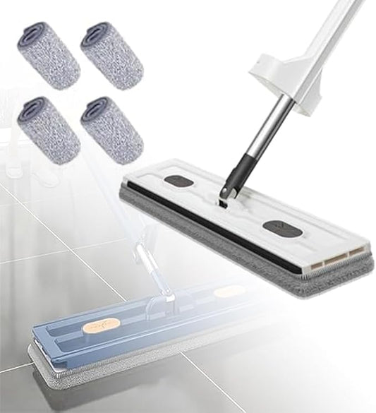 Large Flat Mop, Saker Plus Self Wringing Mop 360° Rotating Flat Mops with Washable Microfiber Pads, Independent Drainage Scraper Floor Cleaning System (White, 4 Microfiber Pads)