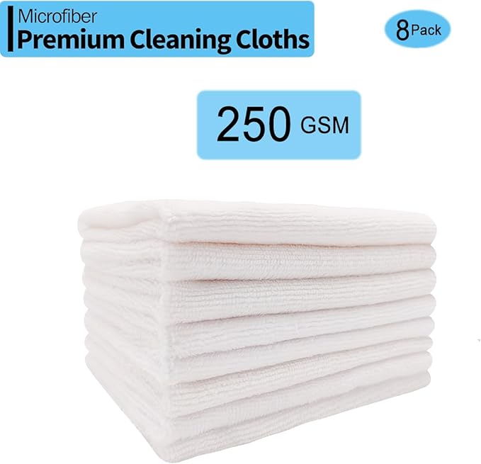 Microfiber Cleaning Cloth-8PK High Absorbent Lint-Free Scratch-Free Multi-Purpose Double-Sided Fiber Cleaning Supplies Polishing Drying Towels for House Kitchen Car 12"x12" (White)