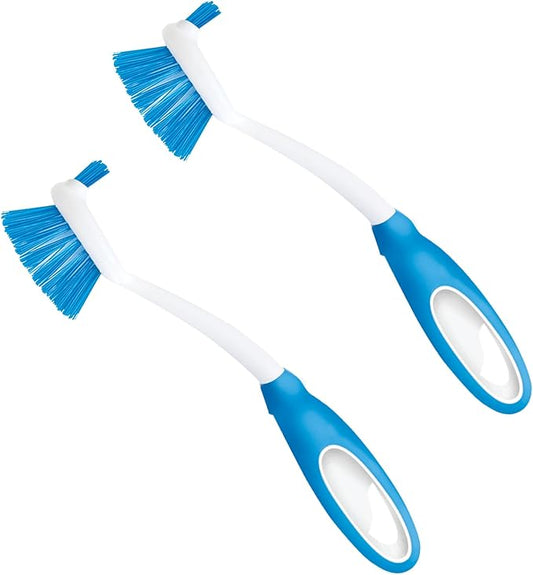 Dish Brush Scrubber for Kitchen, 2 Pack, by LOLA, Has Stiff Bristles & Food Scraper, Comfort No-Slip Grip Handle, Safe for Non-Stick & Coated Cookware