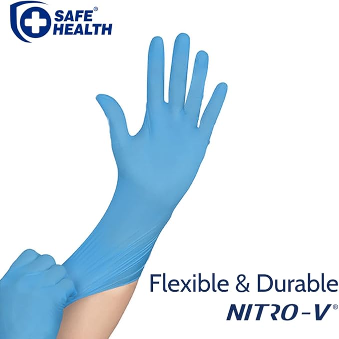 Safe Health NITRO-V Nitrile-Vinyl Synthetic Exam Disposable Gloves, Latex Free, Powder Free, Blue, Box of 100, Small, Medical Grade, Clinic, Nursing, Food, Hair Salon, Cleaning, Housework
