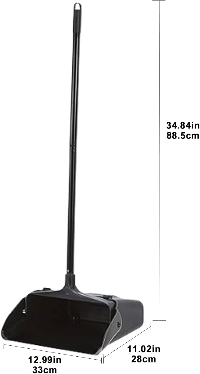 Primero Basics Pivoting Upright Dust Pan with Long Handle and Wheels, Large Capacity, Heavy Duty Commercial Dustpan for Indoor Outdoor, Standing Dust Pan for Home and Restaurant Cleaning, Black